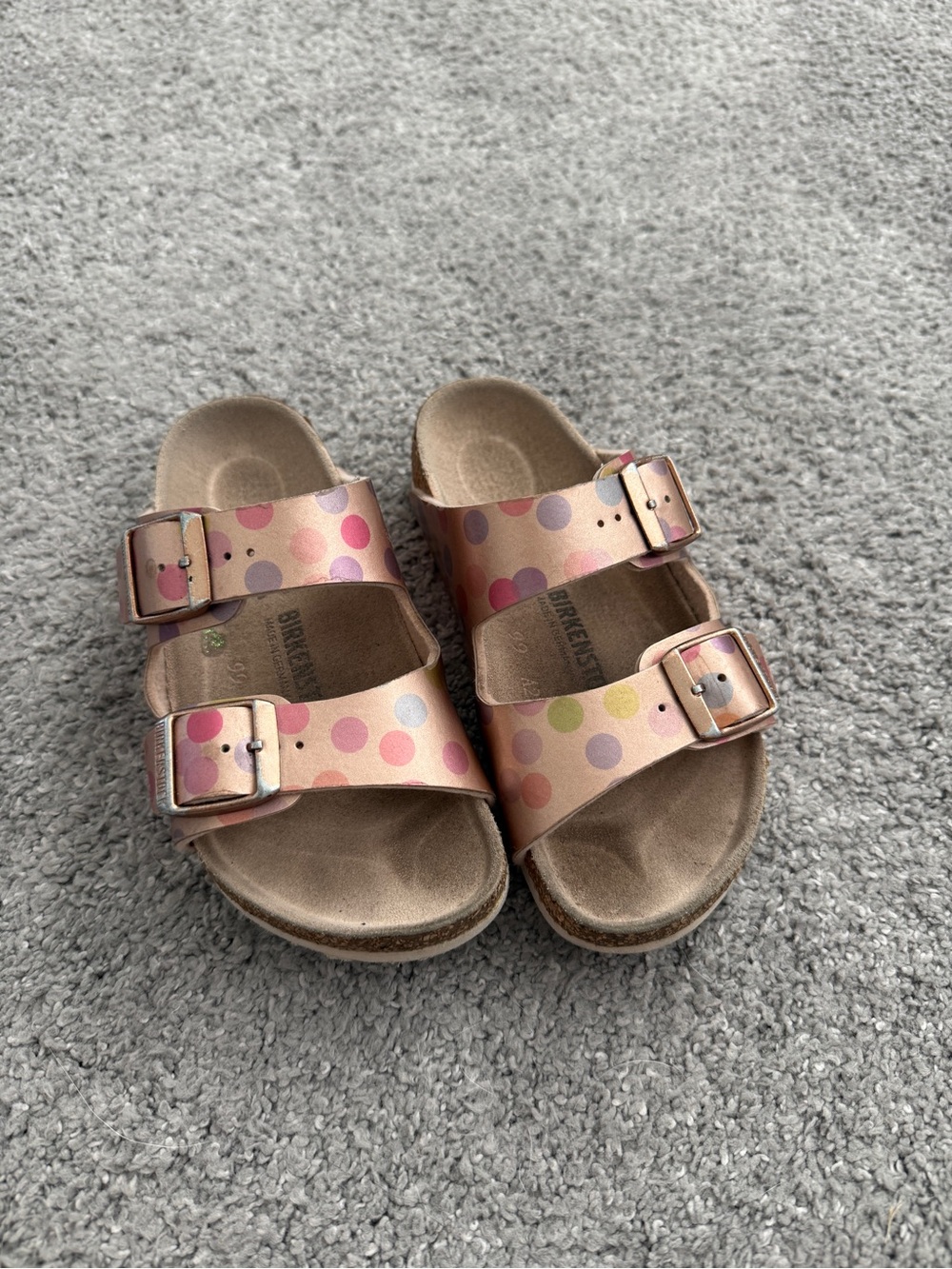 Birkenstock Girl's Arizona Rose Gold Polka Dot Leather Sandals Size 28/C10